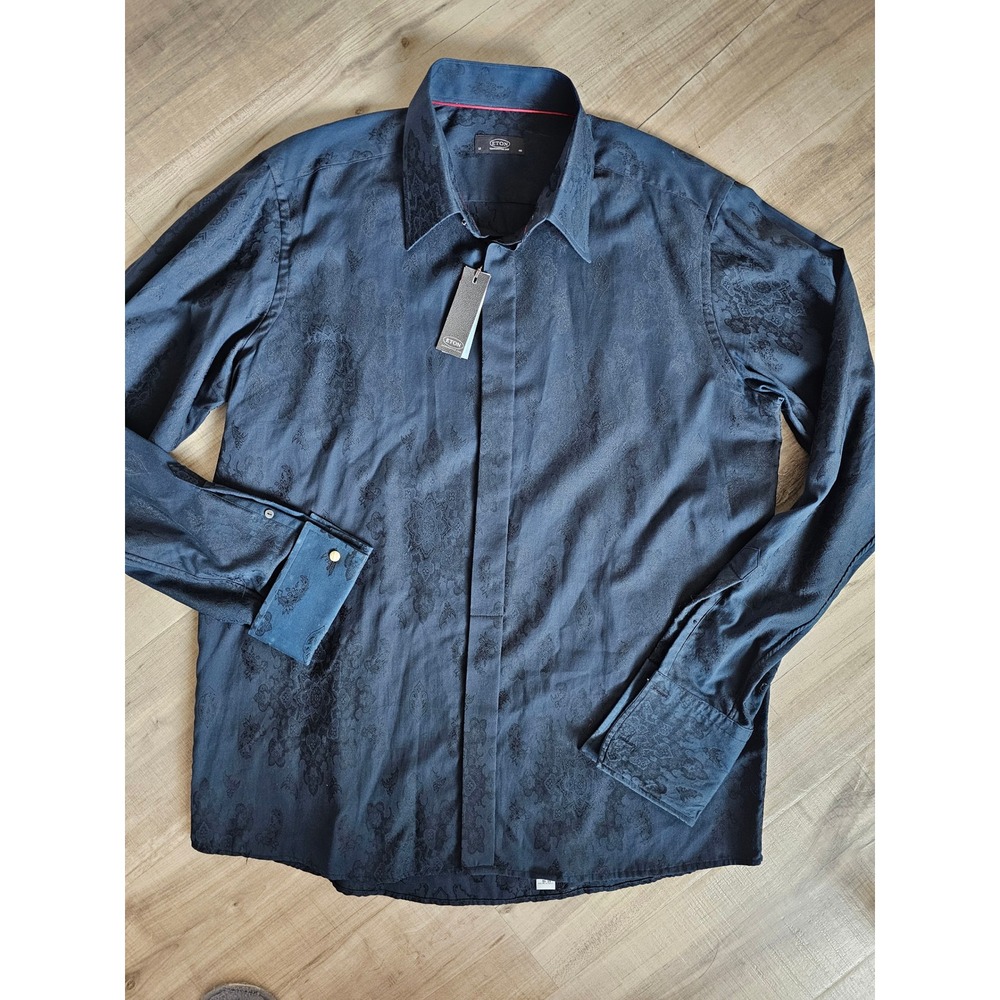 Eton Ganghester 1928 Black Jacquard Bat Damask Evening Shirt 18 46 Contemporary